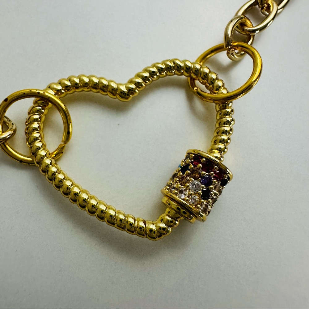 Handmade Gold-Tone Chain Choker with Pavé Heart Carabiner Clasp - Picture 11 of 13